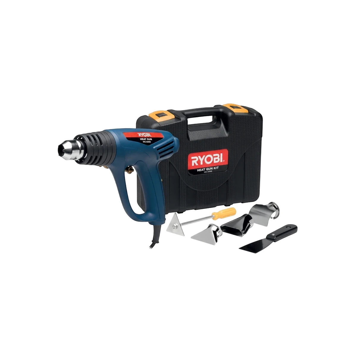 Ryobi 2000W Electric Heat Gun Kit with a blue heat gun, black carrying case, and multiple metallic and plastic attachments.