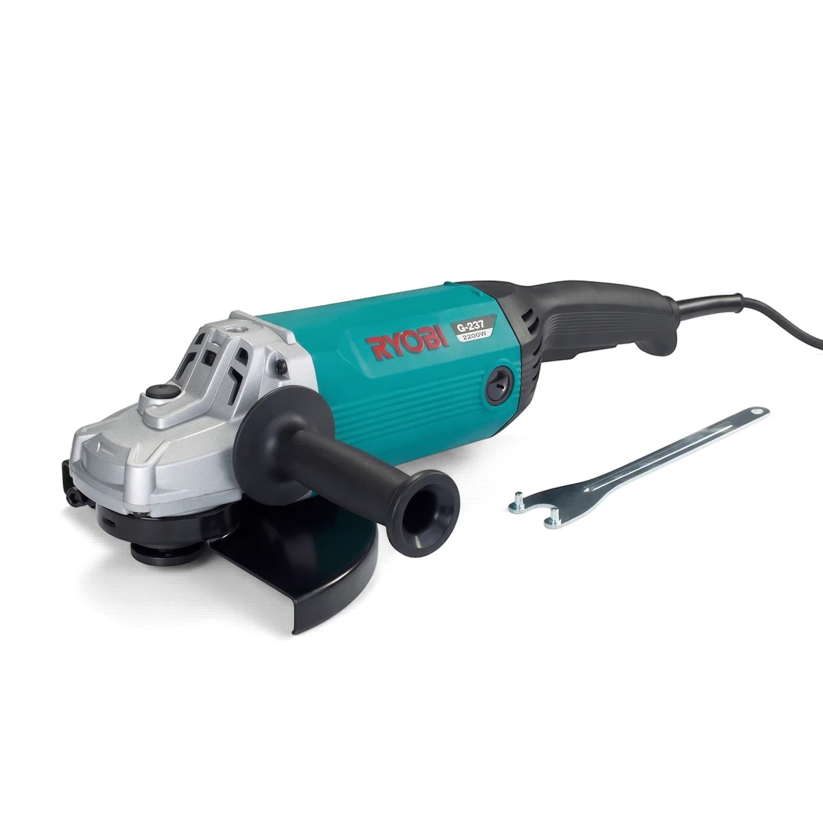 Ryobi 2200W G-237 Angle Grinder in teal, silver, and black, displayed with a silver wrench accessory.