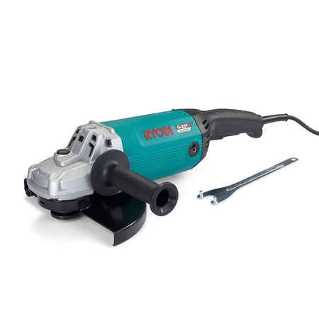 Ryobi 2200W G-237 Angle Grinder in teal, silver, and black, displayed with a silver wrench accessory.
