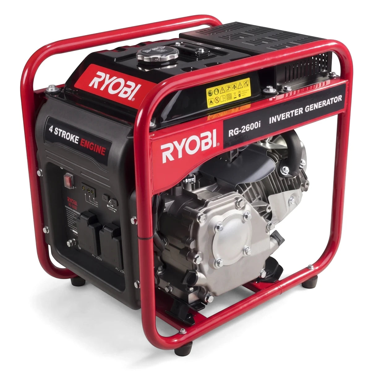 A red and black Ryobi 2500W Open Frame Inverter Generator, model RG-2600i, featuring a 4-stroke engine and a control panel.