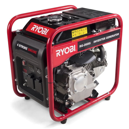 A red and black Ryobi 2500W Open Frame Inverter Generator, model RG-2600i, featuring a 4-stroke engine and a control panel.
