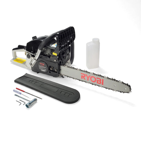 Ryobi 40cc petrol chainsaw with a 450mm bar, including a black bar cover, fuel bottle, and tools.