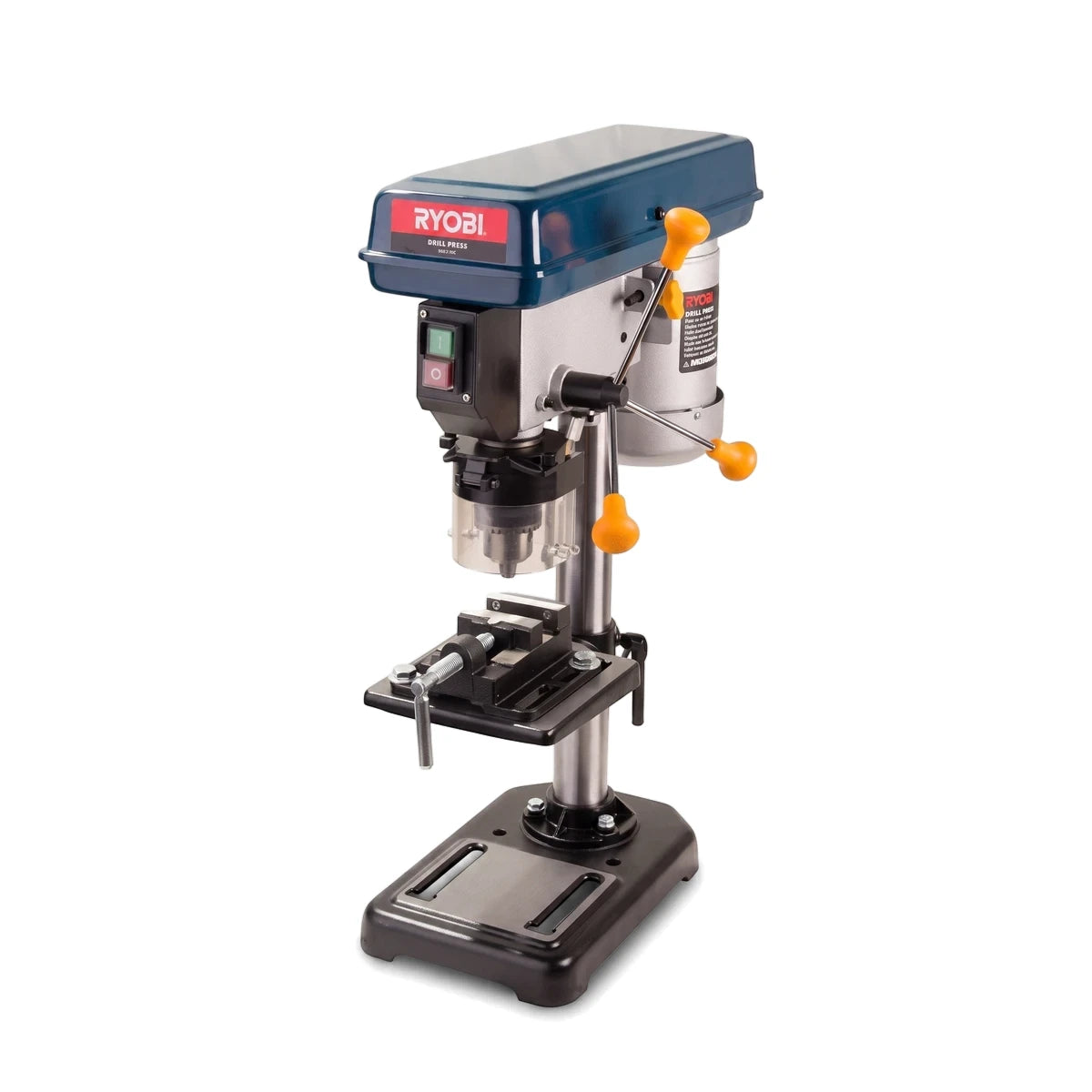 A Ryobi 500W 16mm 5-Speed Bench Drill Press with Laser Guide, featuring a blue housing, silver column, black base, and