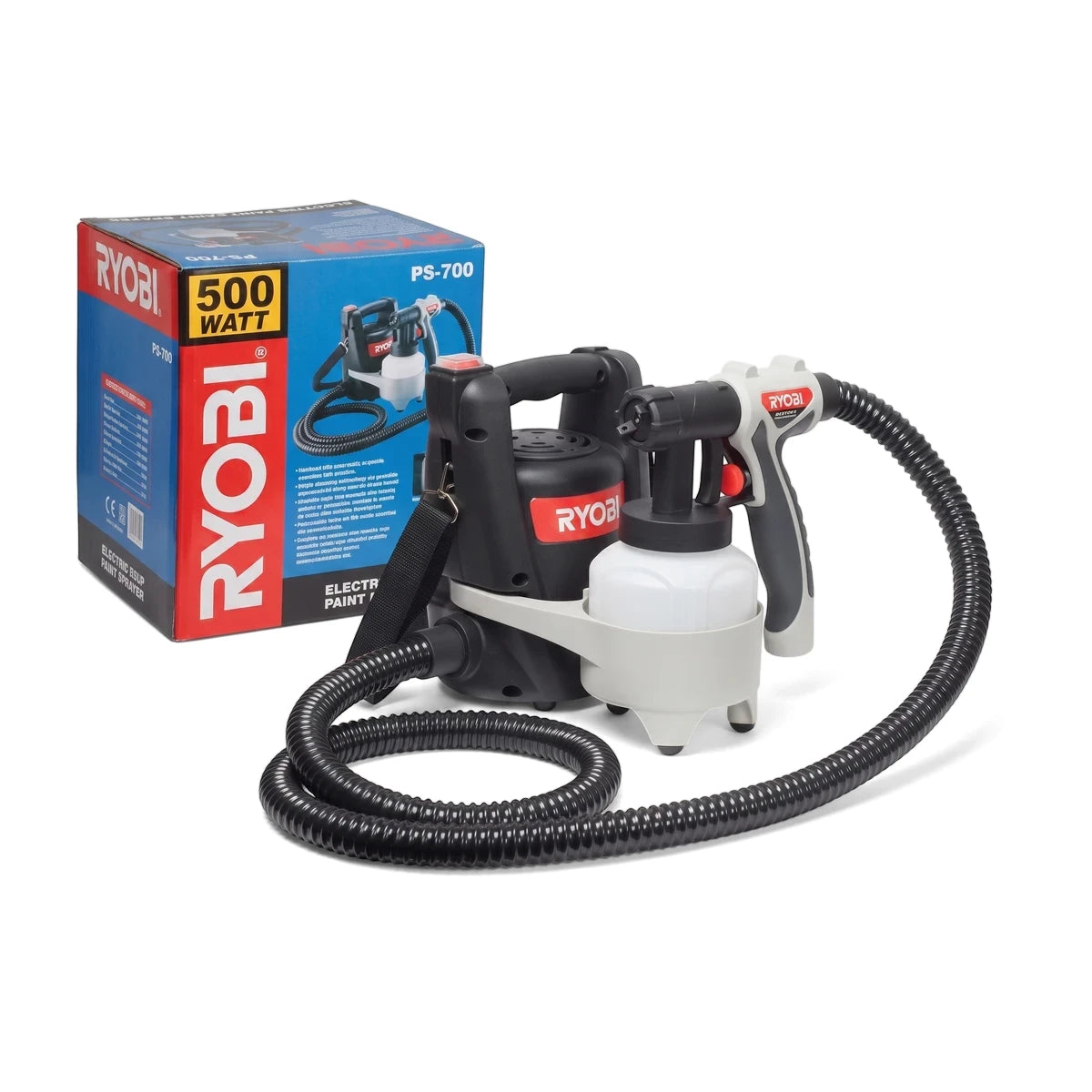 Ryobi 500W Electric Paint Sprayer Gun with 700ml paint cup and hose, shown next to its blue and red product box.