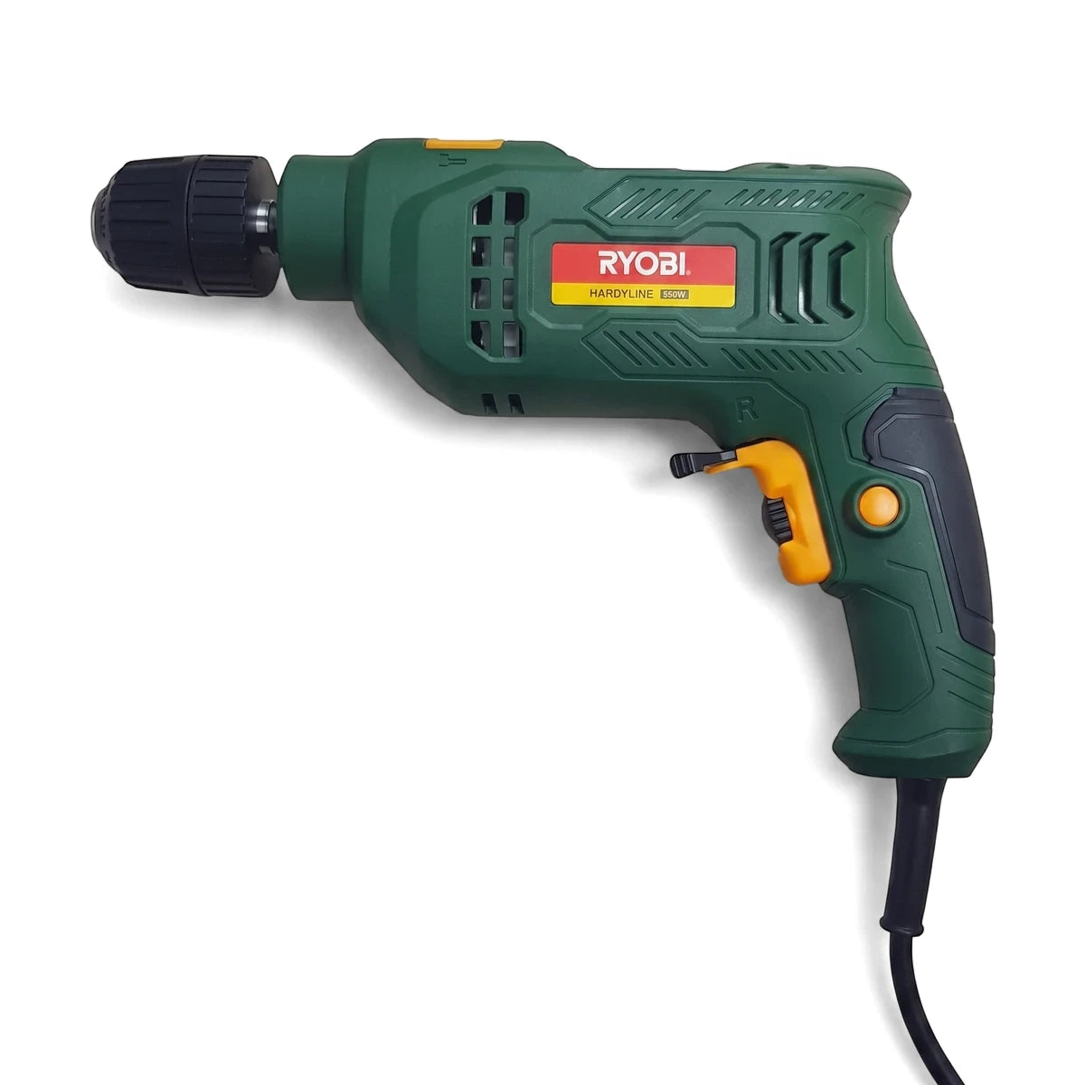 Green and black Ryobi 550W 10mm impact drill, side view, ready for various drilling tasks.