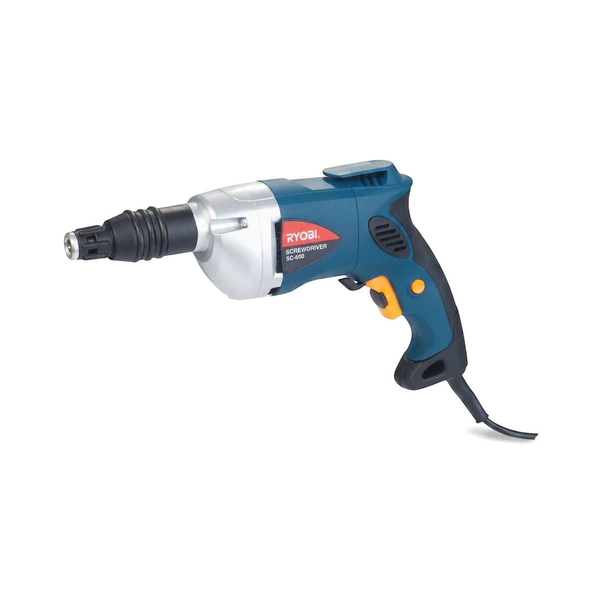 A Ryobi 600W Tek Screwdriver in blue and silver, featuring a powerful electric motor and specialized chuck, displayed from a