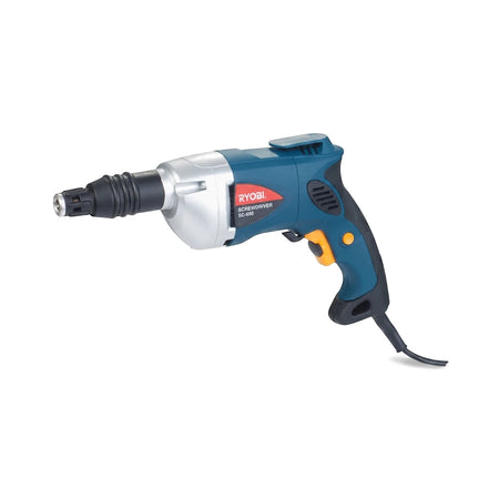 A Ryobi 600W Tek Screwdriver in blue and silver, featuring a powerful electric motor and specialized chuck, displayed from a