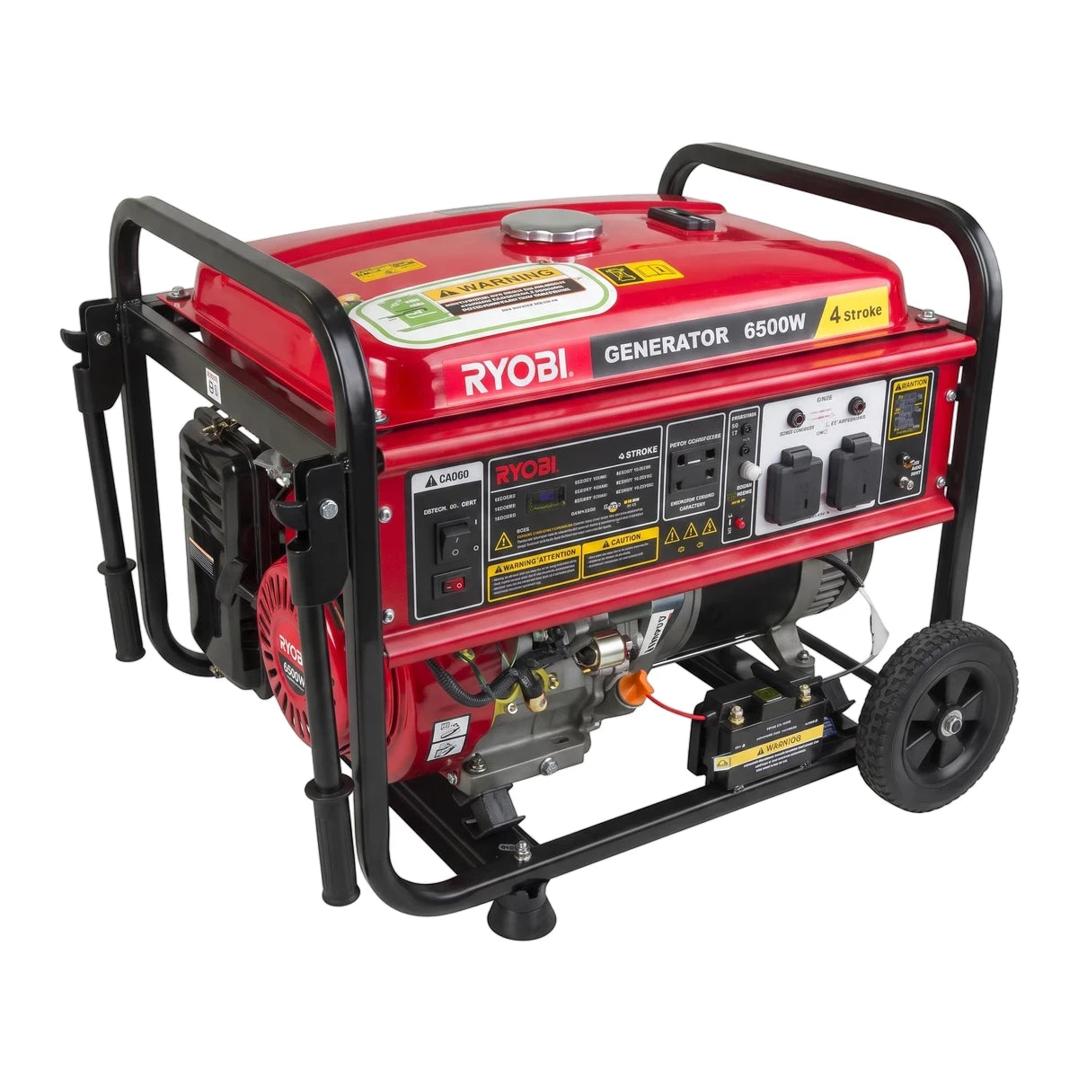 Red 6500W 4-stroke petrol generator with key start, featuring black frame and wheels, shown from an elevated side view.