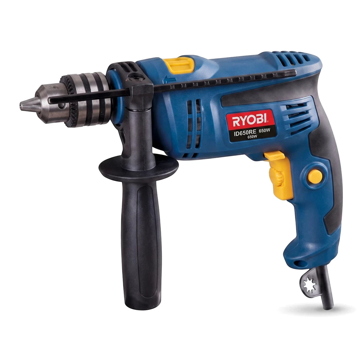 Blue and black Ryobi 650W 13mm impact drill with an auxiliary handle and a variable speed trigger, shown against a white