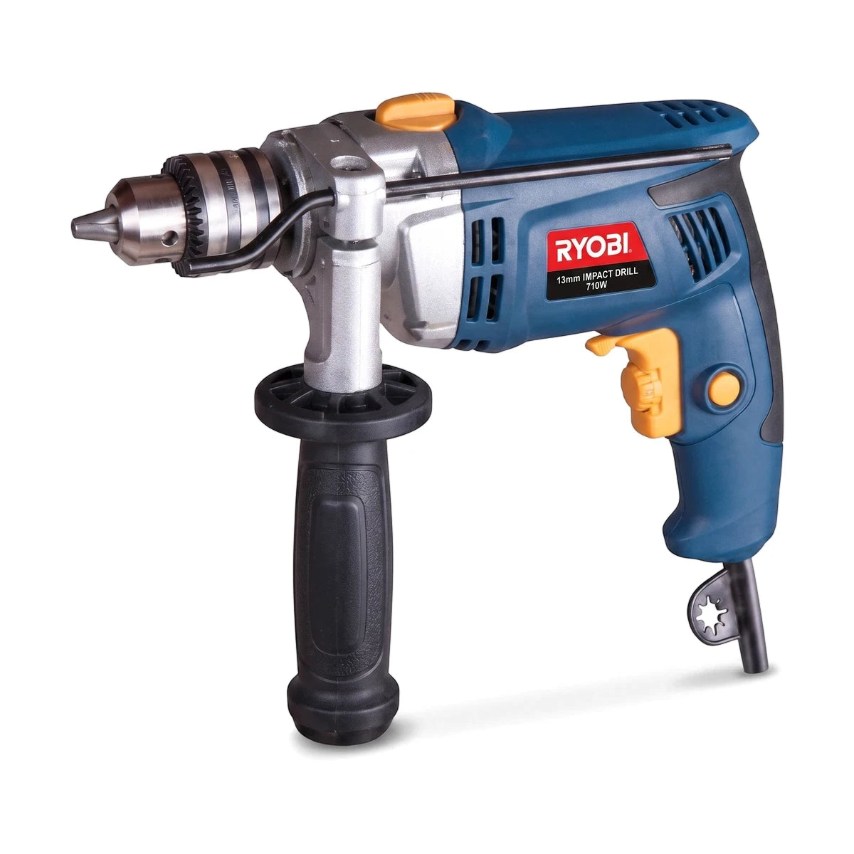 A blue and silver Ryobi 710W 13mm impact drill with a black auxiliary handle and yellow accents, positioned at an angle.