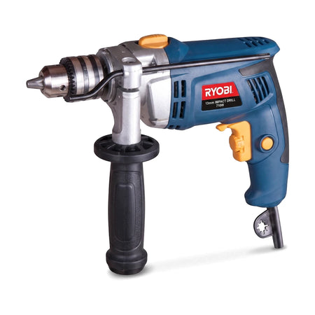 A blue and silver Ryobi 710W 13mm impact drill with a black auxiliary handle and yellow accents, positioned at an angle.