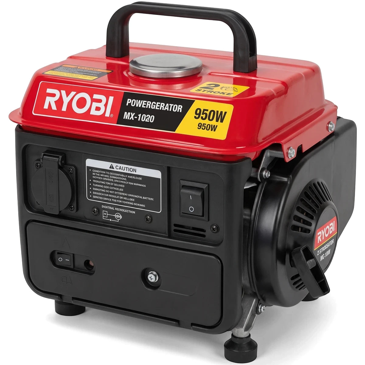 A compact red and black Ryobi 950W 2-stroke petrol generator, viewed from the front-left, with a sturdy carrying handle.