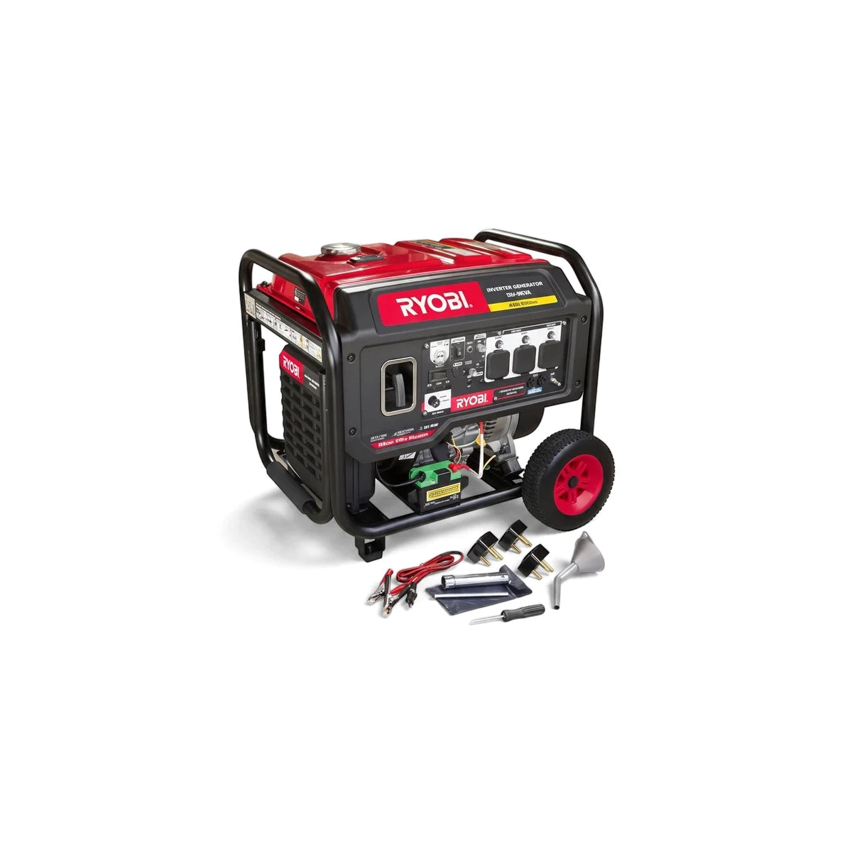 Portable red and black Ryobi 9Kva Inverter Generator with wheels, shown with essential accessories on a white background.