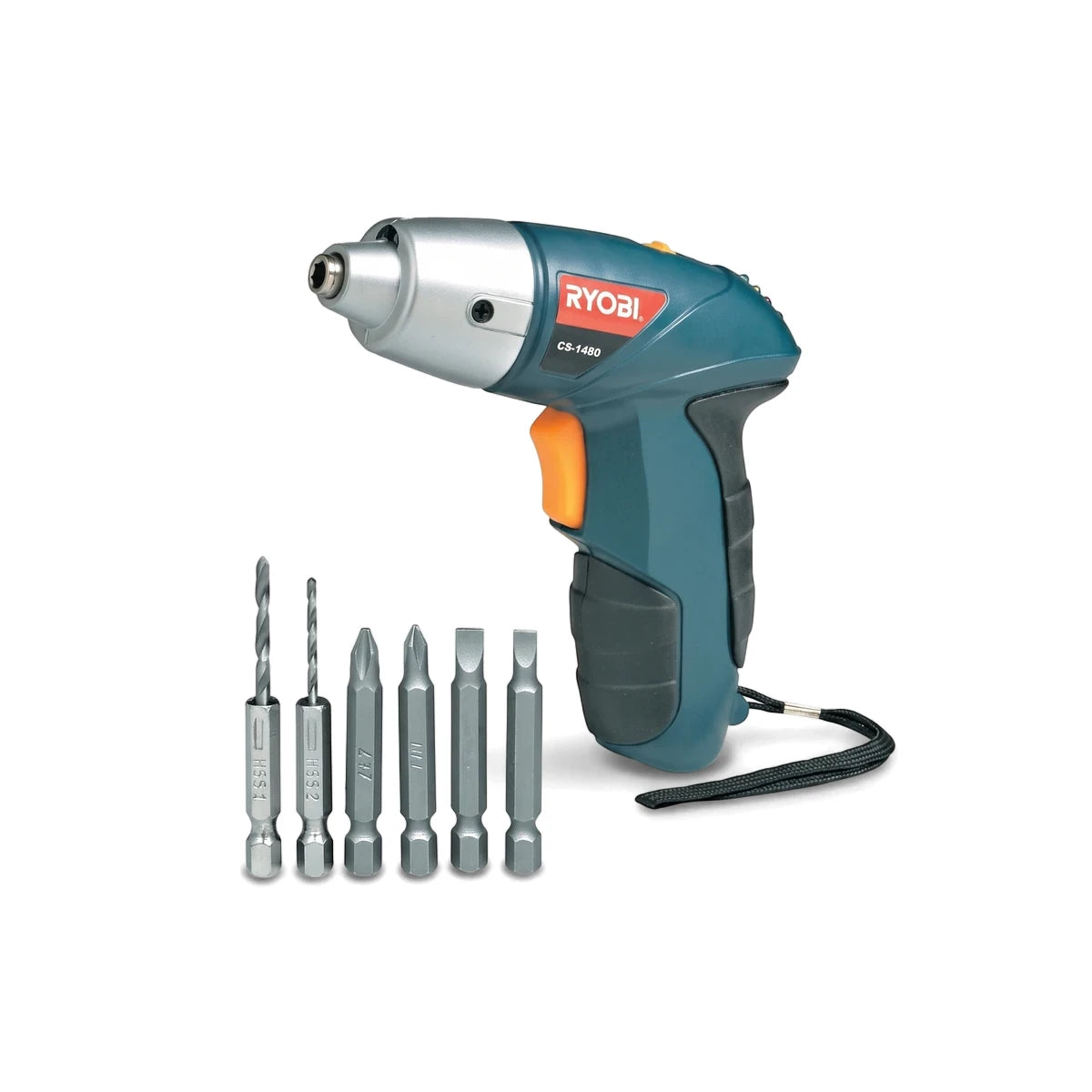 Ryobi CS-1480 cordless screwdriver in teal and silver with an orange trigger, displayed with a set of seven drill and