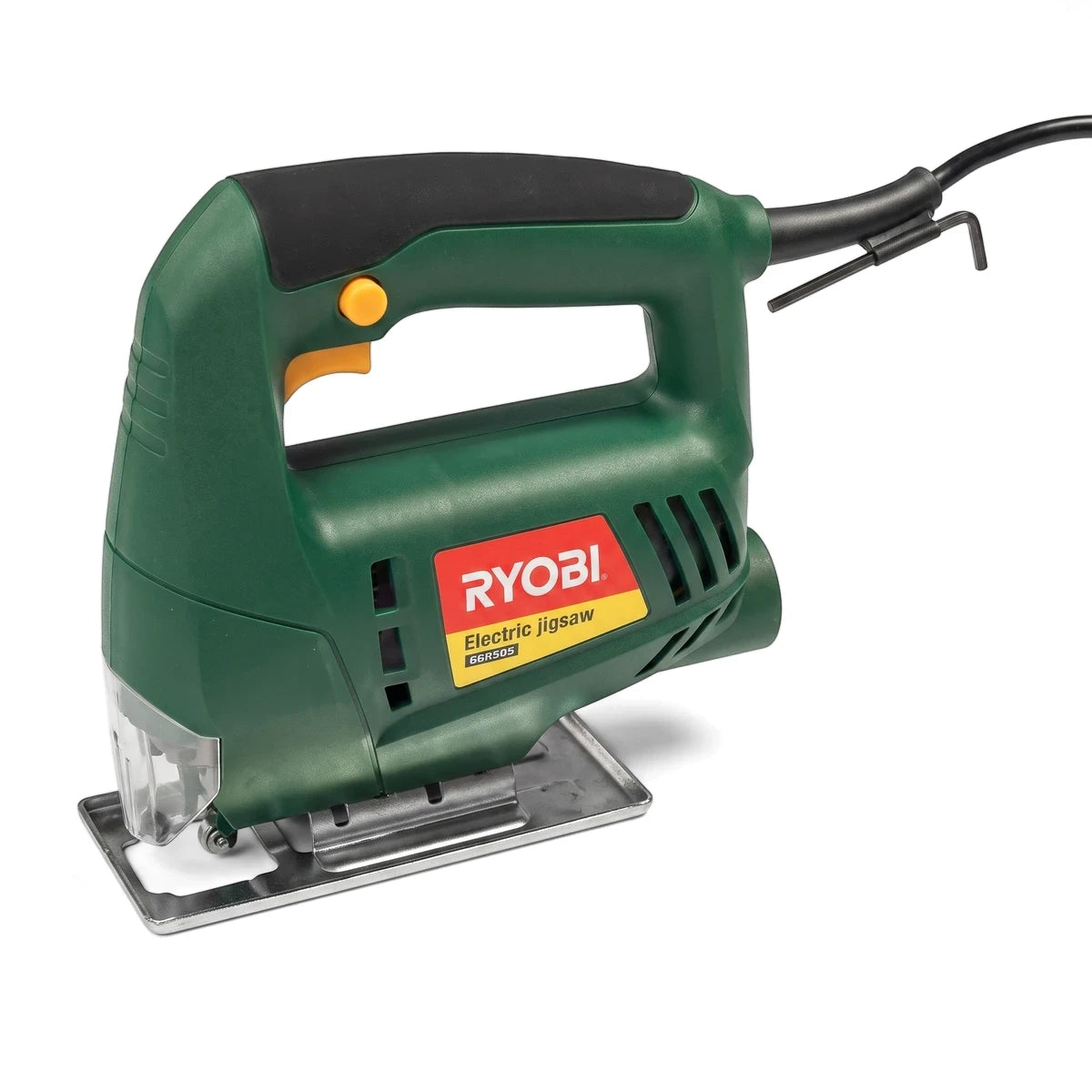 Green and black Ryobi electric jigsaw power tool with a yellow trigger, viewed at an angle.