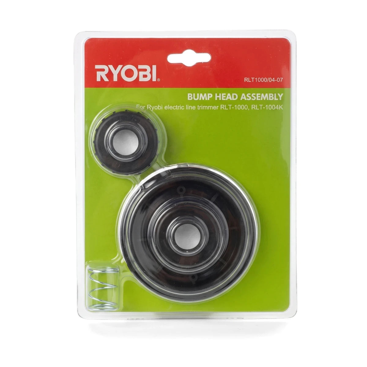 Ryobi electric line trimmer replacement bump head assembly in clear blister packaging with red and green card backing, front