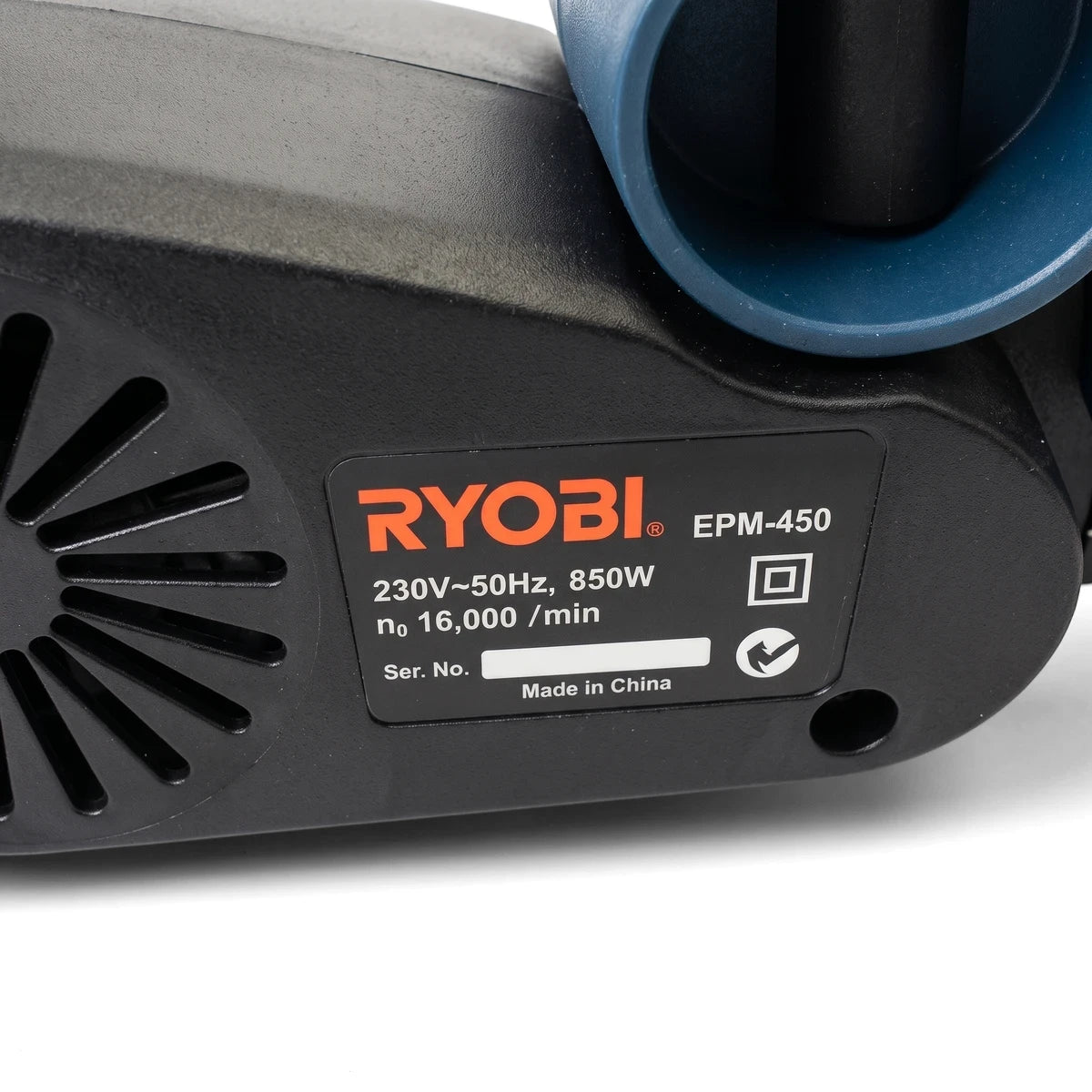 Close-up of a black Ryobi EPM-450 power tool label, displaying model specifications and brand logo on a textured surface.