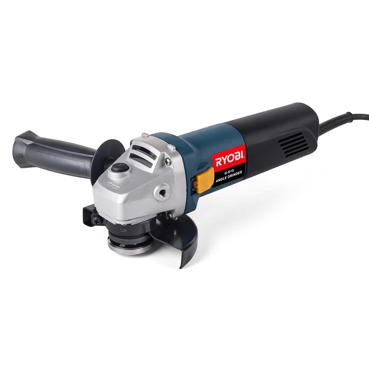 Ryobi G-915 900W angle grinder in blue, black, and silver, shown at an angle on a white background, ready for heavy-duty
