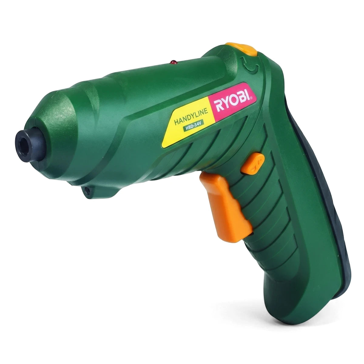 Green and orange Ryobi Handyline 3.6V cordless screwdriver with black tip and yellow branding, shown at an angle.