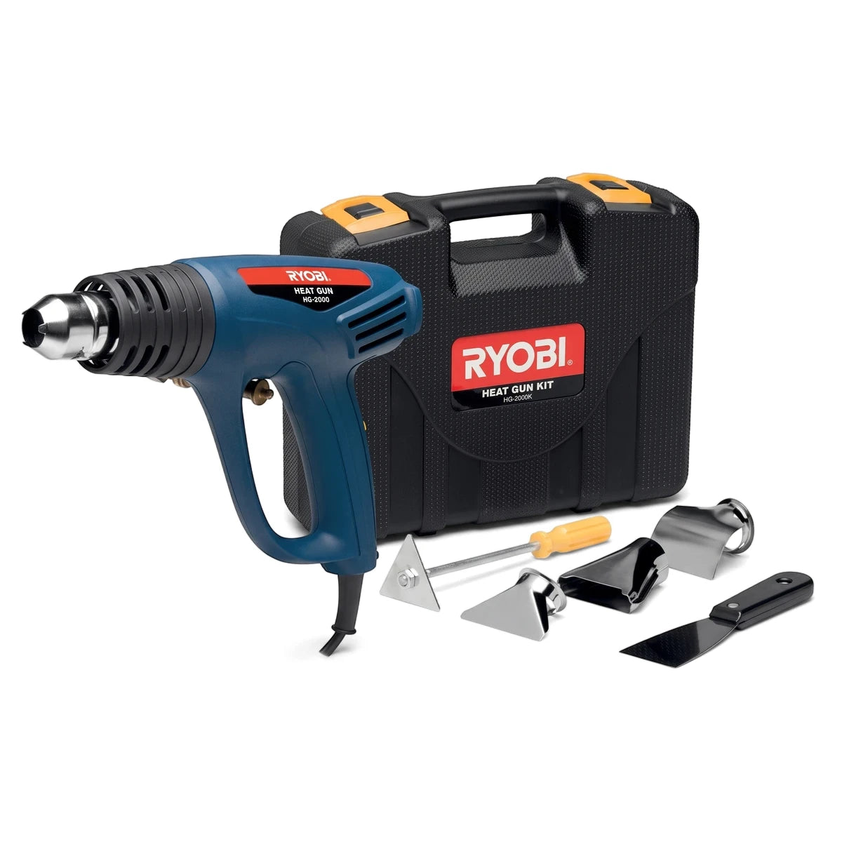 Ryobi HG-2000K 2-speed 450 heat gun kit with 6 piece accessory set including scraper and nozzles.
