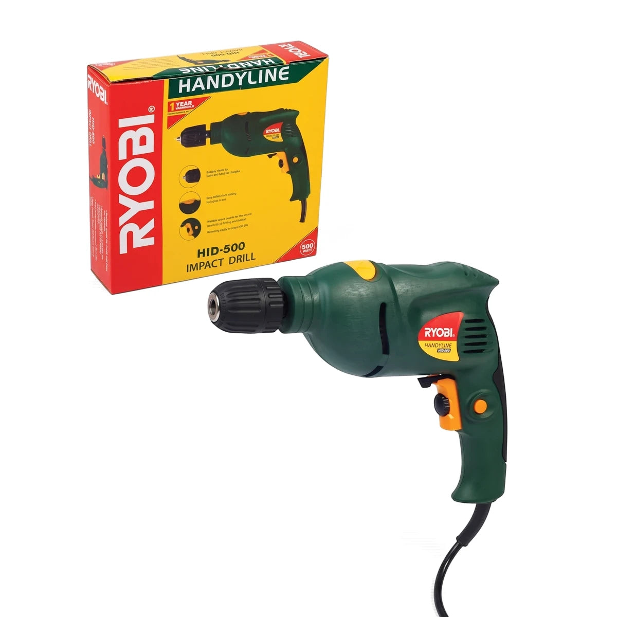 Ryobi HID-500 Variable Reverse Keyless Chuck 10mm Impact Drill in green and yellow, displayed with its product box.