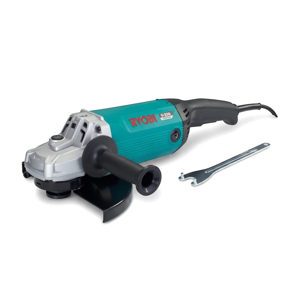 Ryobi Industrial G-239 2500W angle grinder in teal, silver, and black, displayed with its metal accessory wrench.