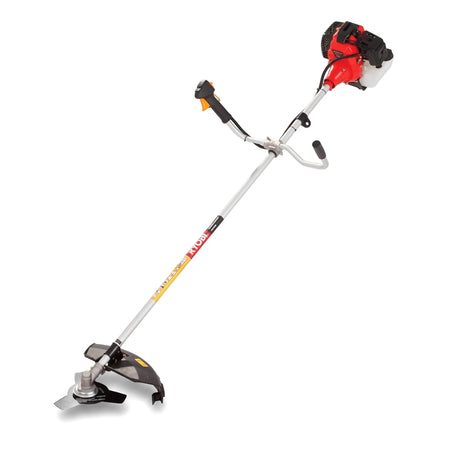 Ryobi RBC-4300A petrol 43CC brush cutter with red housing and metal blade, a powerful garden trimming tool.