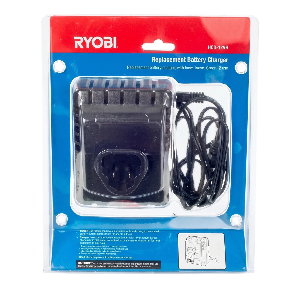 Ryobi Replacement Battery Charger Hcd-12Vr in clear and blue retail packaging with a black charger and coiled cord inside.