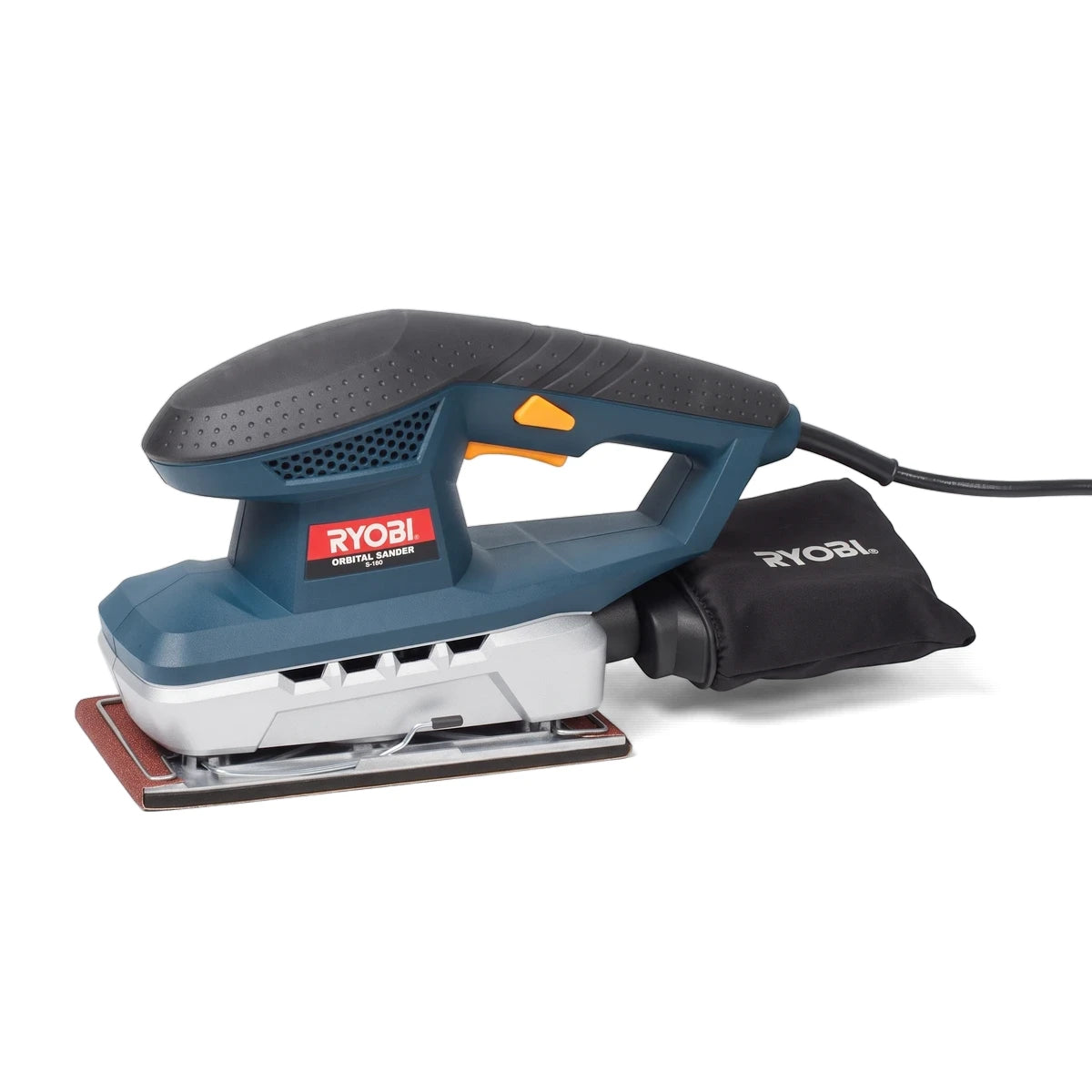 Ryobi S-180 180W orbital sander in blue and black with a dust bag, shown from a slightly elevated side angle.