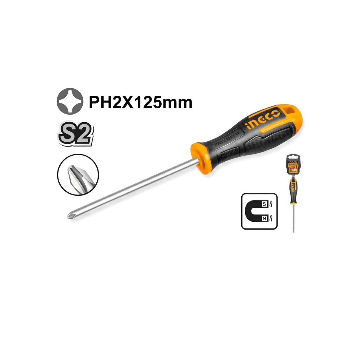 S2 Magnetic Phillips Screwdriver with PH2 x 125mm size, featuring an orange and black handle and a silver shaft.