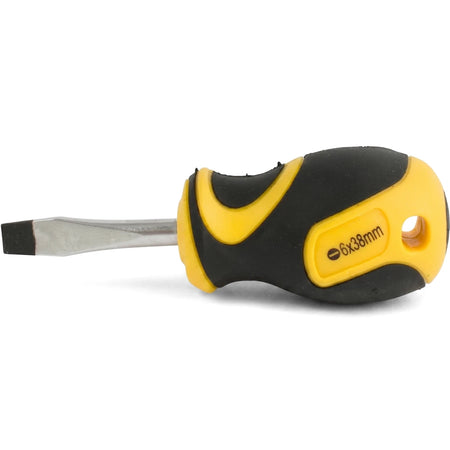 S2 Slotted Screwdriver - 6 X 38mm, featuring a black and yellow ergonomic handle and a flat blade tip.