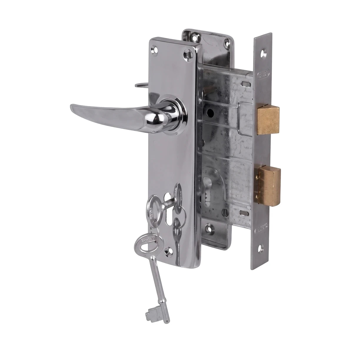 Chrome finished SABS Blister Lockset with a visible key, viewed from the side on a white background, highlighting its