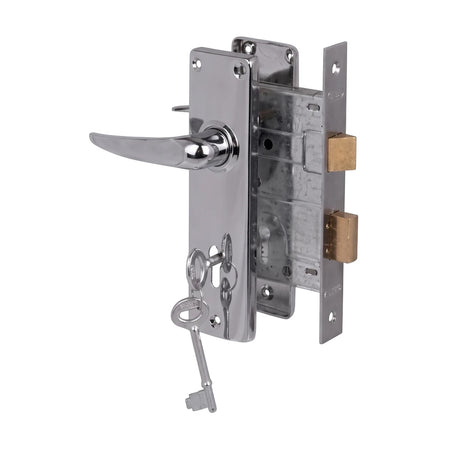 Chrome finished SABS Blister Lockset with a visible key, viewed from the side on a white background, highlighting its