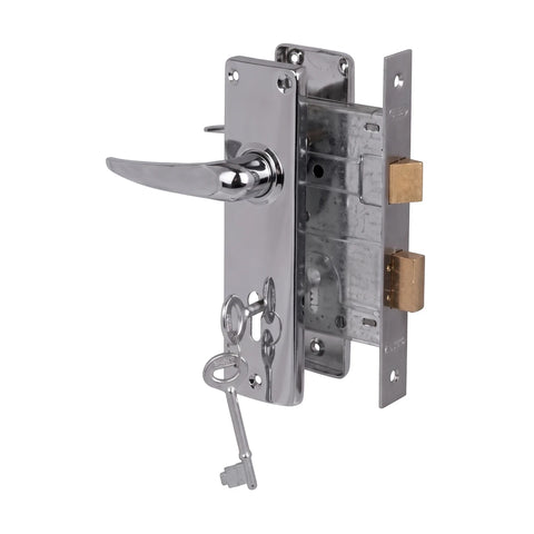 Chrome finished SABS Blister Lockset with a visible key, viewed from the side on a white background, highlighting its