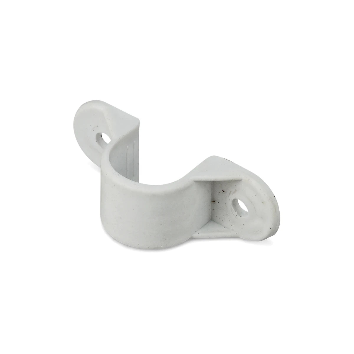 Saddles 25mm PVC saddle clip in white plastic, curved conduit holder with two mounting holes shown front view.