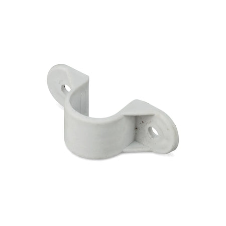 Saddles 25mm PVC saddle clip in white plastic, curved conduit holder with two mounting holes shown front view.