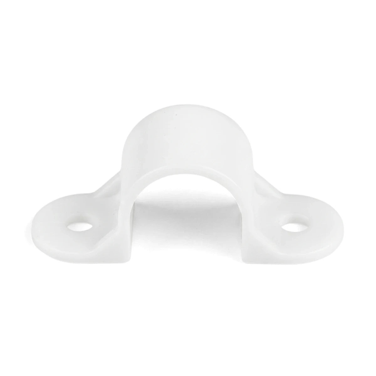 Saddles 25mm PVC saddle clip in white, U-shaped conduit holder with two screw holes, front view.