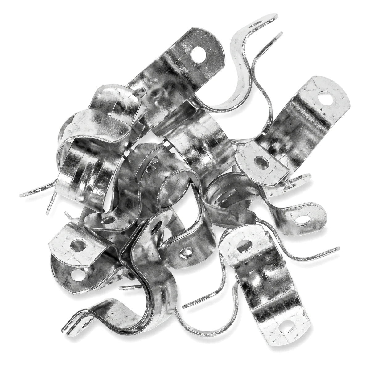 A pile of shiny galvanized 20mm metal saddle clips, packaged as a 20 per pack, for secure fastenings.