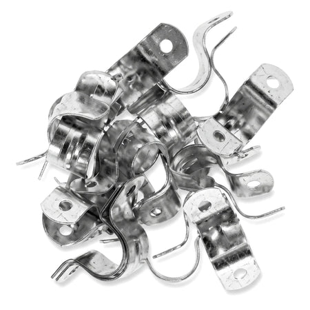 A pile of shiny galvanized 20mm metal saddle clips, packaged as a 20 per pack, for secure fastenings.