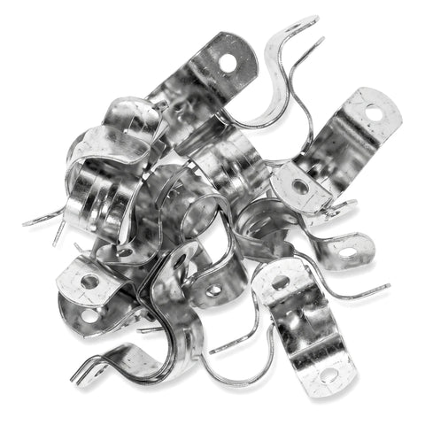 A pile of shiny galvanized 20mm metal saddle clips, packaged as a 20 per pack, for secure fastenings.
