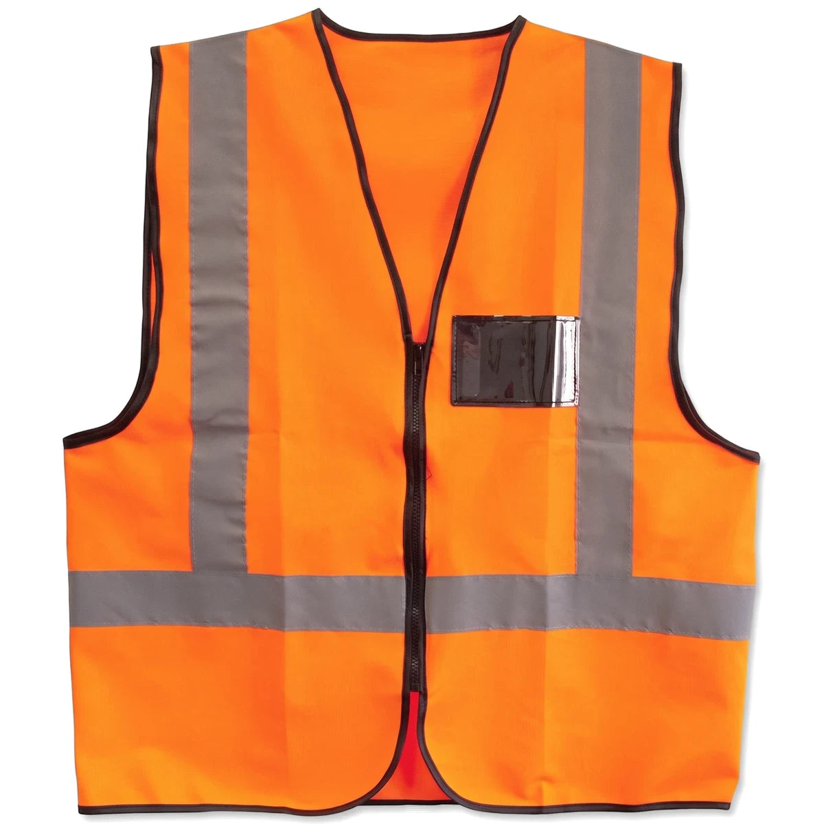 Orange reflective Safety Maxi BiB vest with a black zipper and transparent ID pocket, displayed flat on a white background.