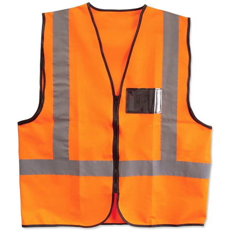 Orange reflective Safety Maxi BiB vest with a black zipper and transparent ID pocket, displayed flat on a white background.
