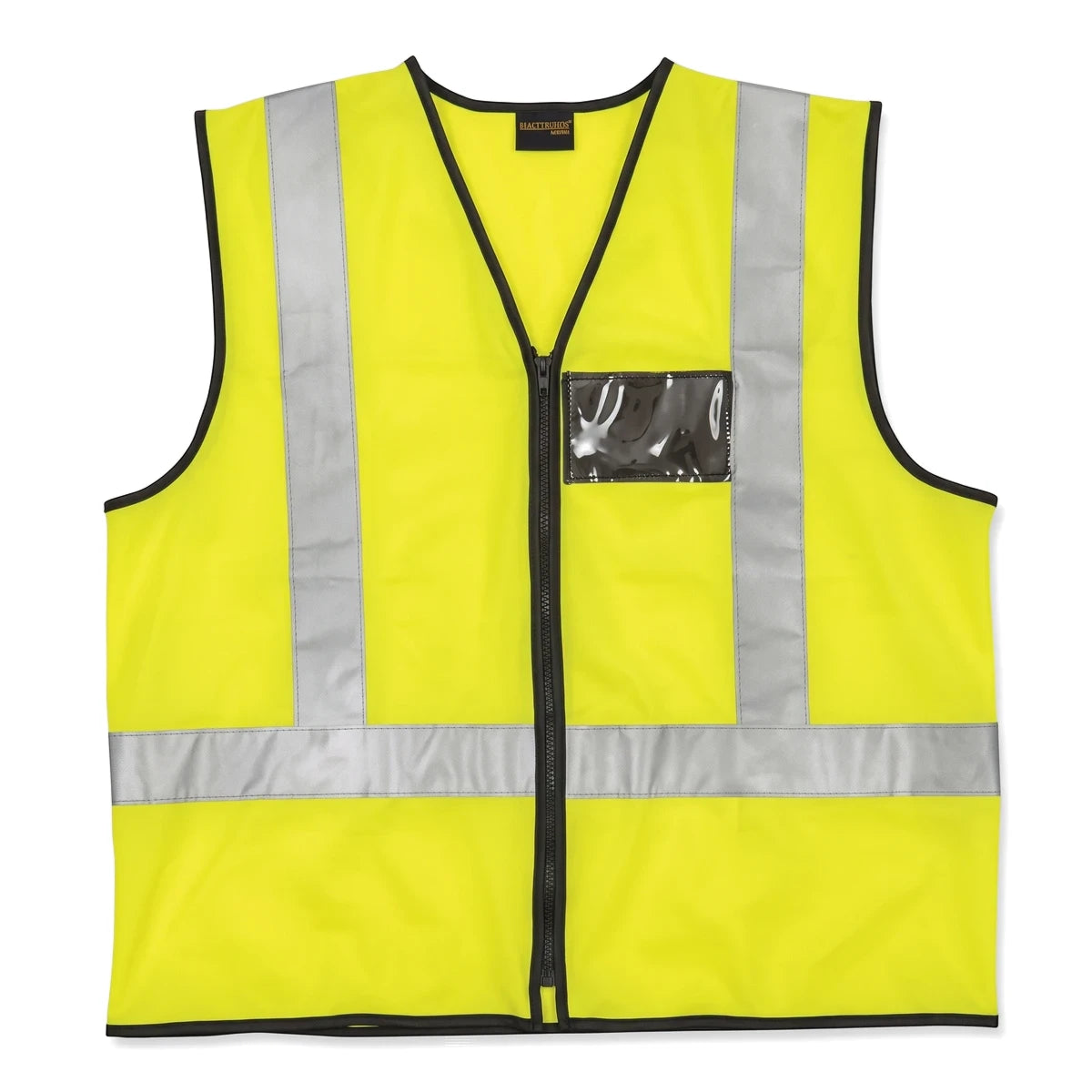 Bright yellow Safety Maxi BiB vest with reflective strips, a full zipper closure, and a clear chest pocket for high