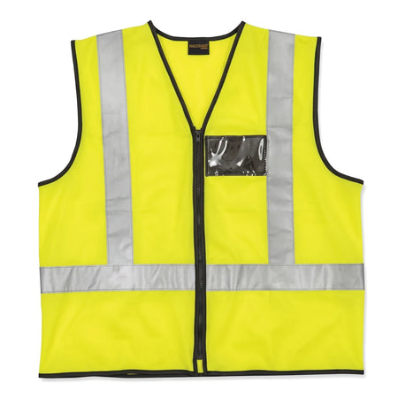 Bright yellow Safety Maxi BiB vest with reflective strips, a full zipper closure, and a clear chest pocket for high