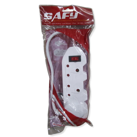 White Safy 3 Way Multi-Plug with a cord extension, featuring three outlets and a red power switch, packaged in clear plastic.