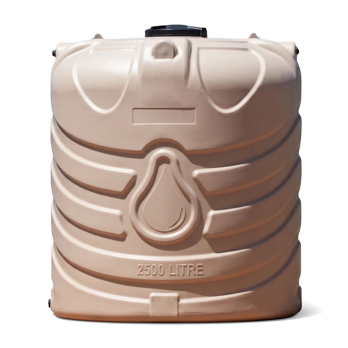 A large beige Sahara 2500L Pvc water tank, featuring a ribbed design and a black top cap, shown from a front view for