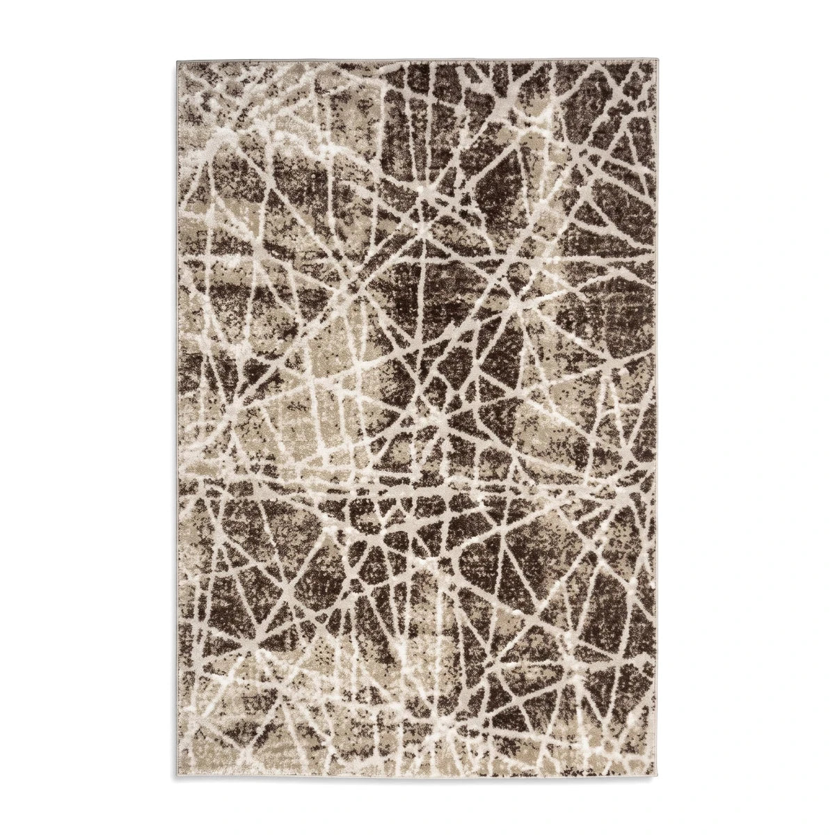 Brown and white Salamanca rug featuring an abstract web-like pattern, viewed from above, complementing modern decor.