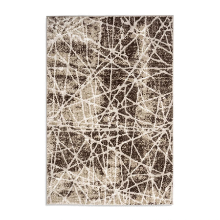 Brown and white Salamanca rug featuring an abstract web-like pattern, viewed from above, complementing modern decor.