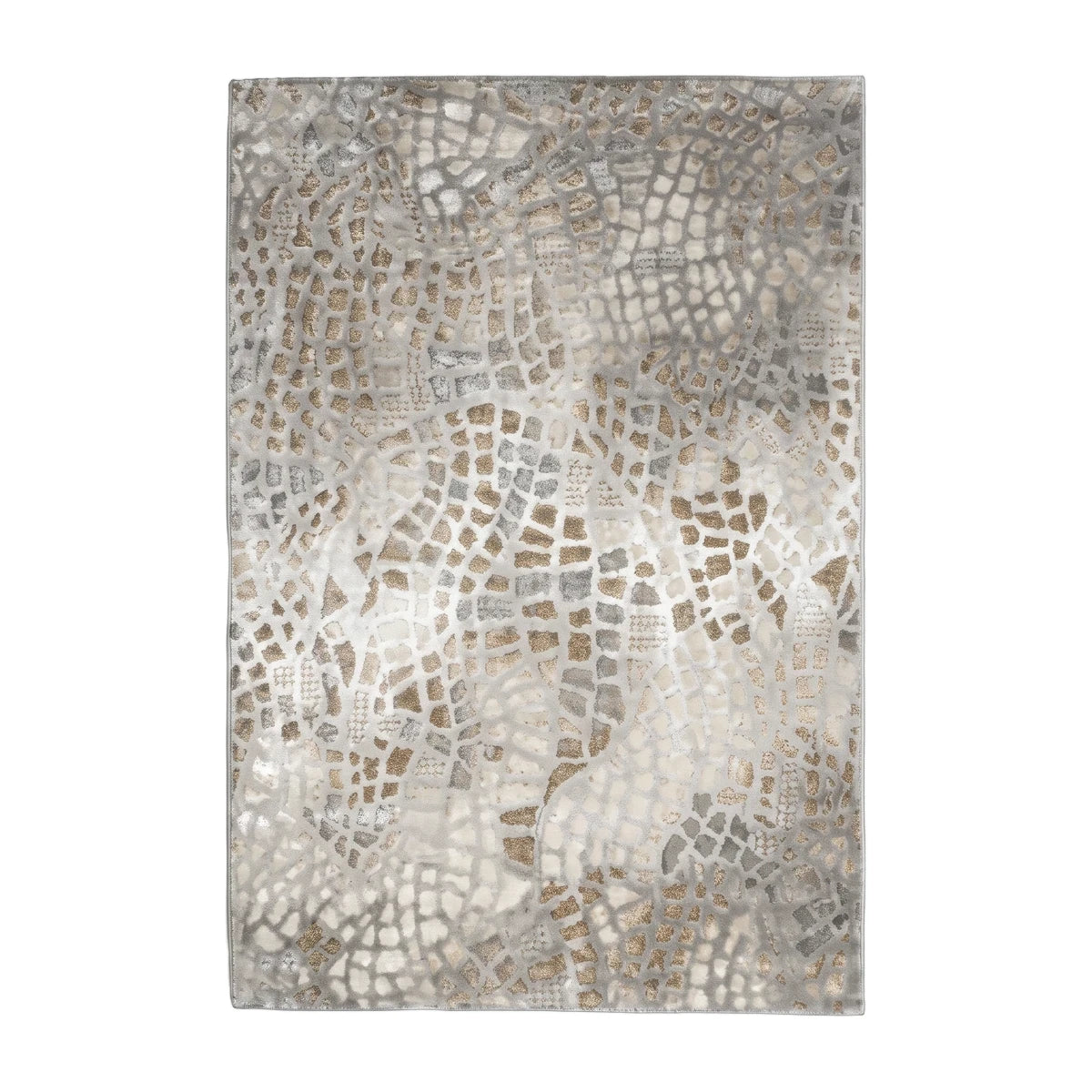 Grey and brown Salamanca area rug, featuring an abstract mosaic-like pattern and textured surface, presented vertically.