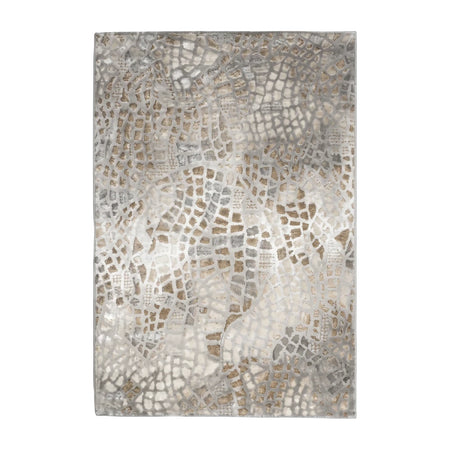 Grey and brown Salamanca area rug, featuring an abstract mosaic-like pattern and textured surface, presented vertically.